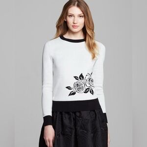 Kate Spade New York Rose Floral Black & White Soft Cashmere Blend Knit Sweater